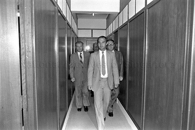 Bulgarian Deputy Minister of Culture Vladimir Zhivkov (centre, foreground) at the Ministry of Education building at Kay Siang Road.