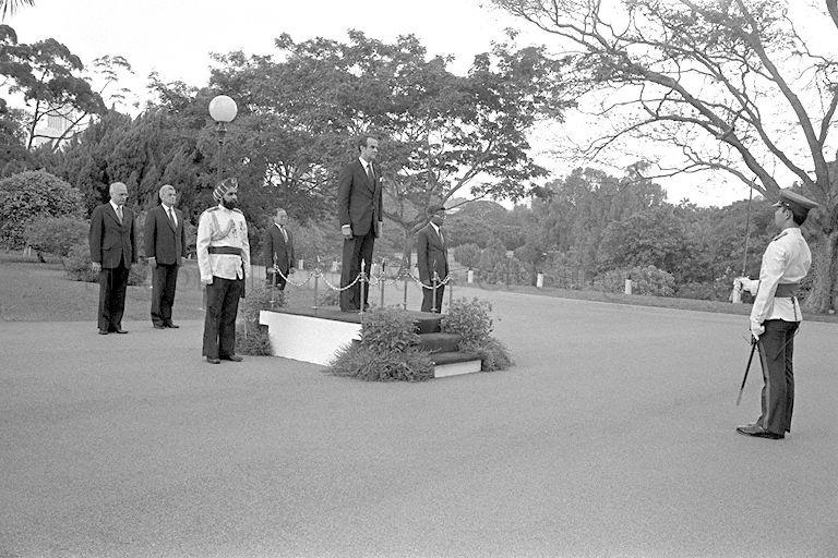 Ambassador-designate of Finland to Singapore, Hilding A E Heinrichs, taking his position on the reviewing stand for the guard of honour inspection during an ambassador credentialing ceremony in the Istana