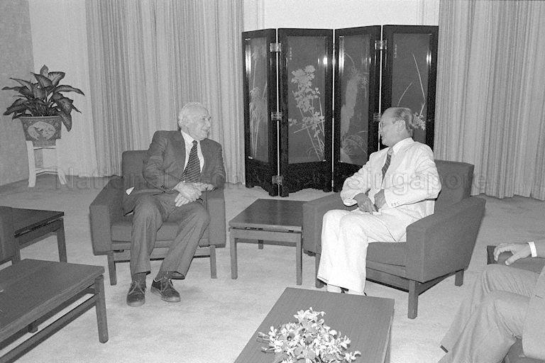 Professor Ephraim Katzir (left), an expert in biochemistry and biophysics with Israel's Weizmann Institute of Science, paying courtesy call on President Wee Kim Wee at Istana.