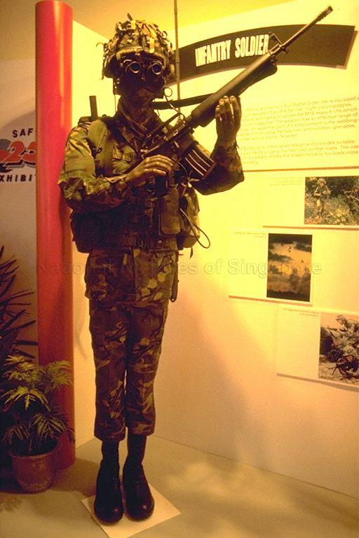 Model of infantry soldier at Singapore Armed Forces (SAF) exhibition "SAF at 25" at Paya Lebar Airport. The exhibition is organised by the SAF Combat Engineers as part of the SAF's silver jubilee celebrations, and gives an insight into the history of the SAF and how it might evolve in the future.