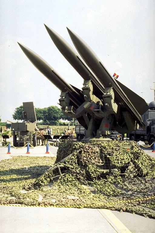 I-Hawks surface-to-air missile system fire units on display at Singapore Armed Forces (SAF) exhibition "SAF at 25" at Paya Lebar Airport. The exhibition is organised by the SAF Combat Engineers as part of the SAF's silver jubilee celebrations, and gives an insight into the history of the SAF and how it might evolve in the future.