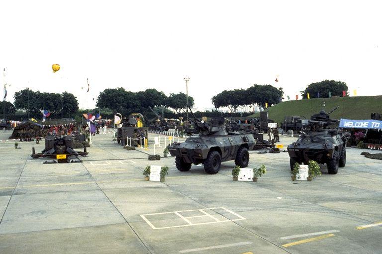 Armoured vehicles on display at Singapore Armed Forces (SAF) exhibition "SAF at 25" at Paya Lebar Airport. The exhibition is organised by the SAF Combat Engineers as part of the SAF's silver jubilee celebrations, and gives an insight into the history of the SAF and how it might evolve in the future.