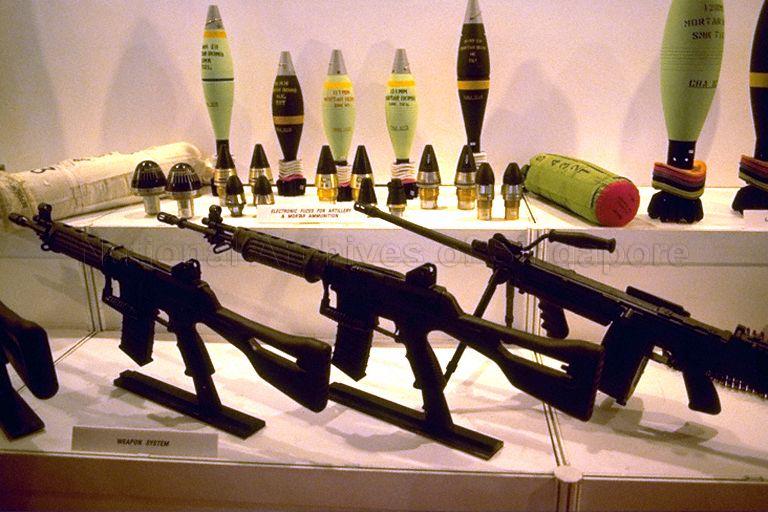 Weapons system on display at Singapore Armed Forces (SAF) exhibition "SAF at 25" at Paya Lebar Airport. The exhibition is organised by the SAF Combat Engineers as part of the SAF's silver jubilee celebrations, and gives an insight into the history of the SAF and how it might evolve in the future.