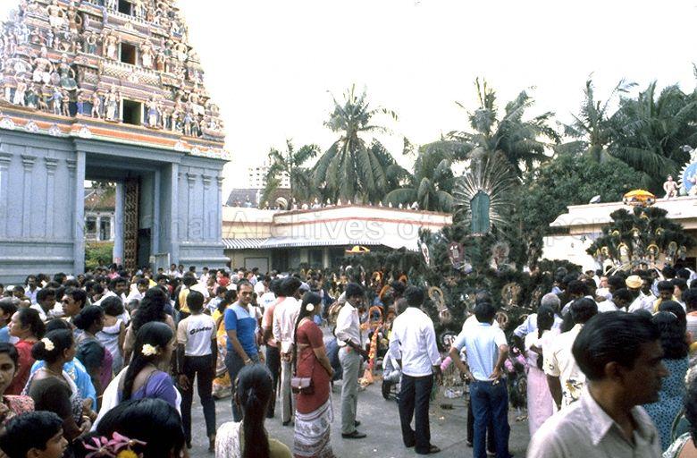 Kavadi bearers and spectators at Thaipusam festival at Sri Srinivasa Perumal Temple on Serangoon Road