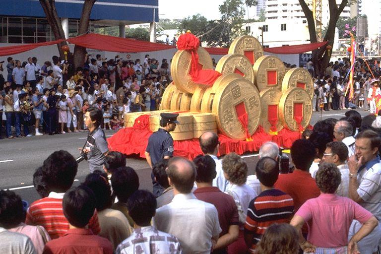Float in the shape of old Chinese coins at Chingay Parade along Orchard Road