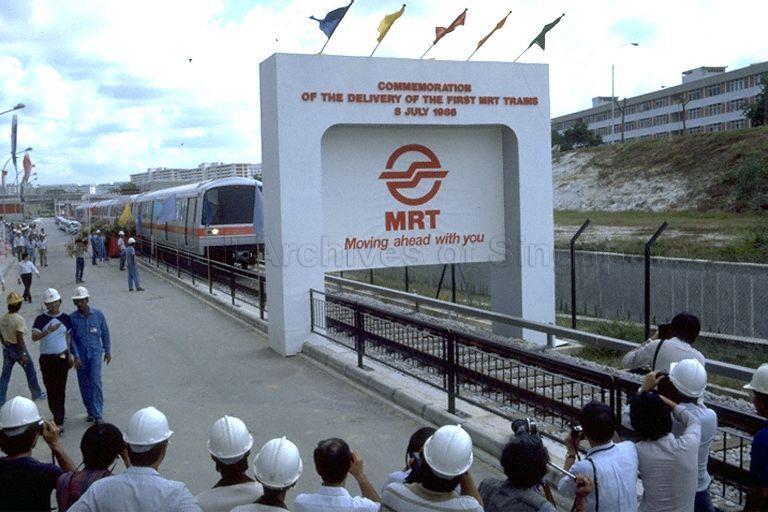 One of the first Mass Rapid Transit (MRT) trains delivered to Singapore; photo taken at commemoration ceremony at Bishan depot for delivery of the first trains, ceremony is officiated by Minister for Communications and Information Dr Yeo Ning Hong
