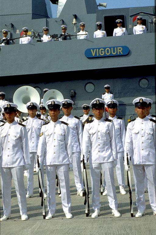 Naval officers on board the newly commissioned corvette, RSS Vigour. Three corvettes, RSS Valiant, RSS Vigour and RSS Vengeance, were commissioned as warships of the Republic of Singapore Navy by Minister for Communications and Second Minister for Defence Dr Yeo Ning Hong at Pulau Brani Naval Base.