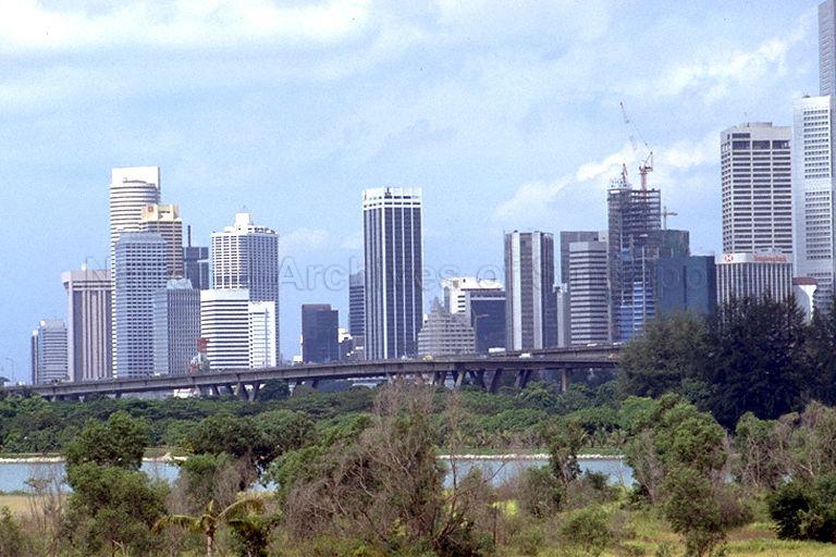 View of Raffles Place/Tanjong Pagar financial district; building under construction is Hitachi Tower