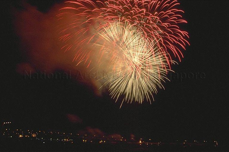 National Day Parade 1993 at the Padang -- Fireworks display over Marina Bay