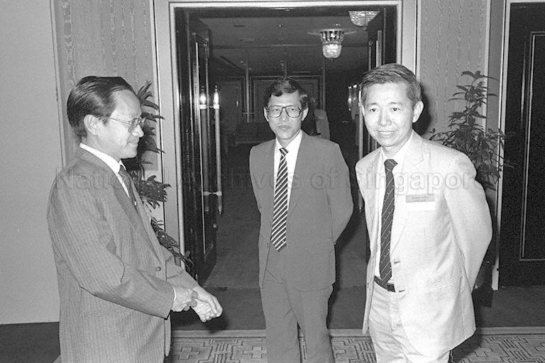 (From left) Head of National University of Singapore's Department of Economics and Statistics Professor Lim Chong Yah, Minister of State for Finance Lee Yock Suan and Member of Parliament for Whampoa Dr Augustine Tan Hui Heng attending opening of 14th Pacific Trade and Development Conference at Dynasty Hotel