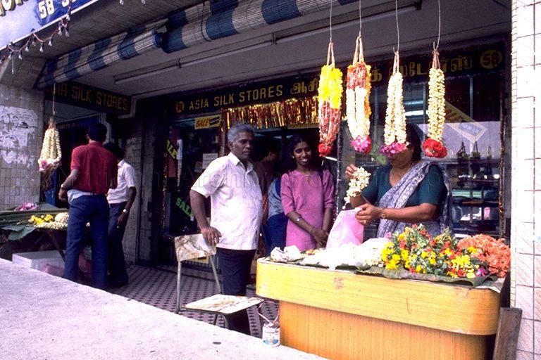 Stalls selling flowers in Serangoon Road area during Deepavali