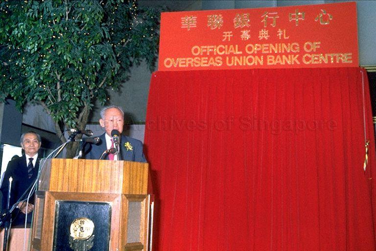 Prime Minister Lee Kuan Yew speaking at official opening of Overseas Union Bank (OUB) Centre at Raffles Place