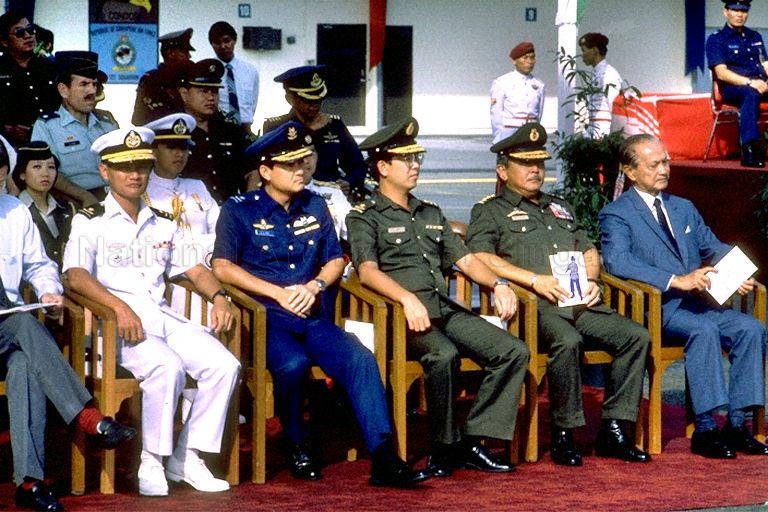 (From right) President Wee Kim Wee, Chief of the General Staff Lieutenant General Winston Choo, Deputy Chief of General Staff (Army) Brigadier-General Boey Tak Hap, Commander of Republic of Singapore Air Force (RSAF) Brigadier-General Michael Teo and Commander of Republic of Singapore Navy (RSN) Commodore James Leo at military parade to mark Singapore Armed Forces (SAF) Day at Paya Lebar Airport