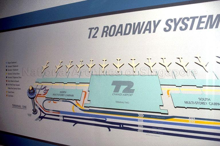 Map of Changi Airport Terminal 2 (T2) Roadway System at the T2 Visitors' Centre at the Terminal 1 East Viewing Gallery. The centre was intended to introduce the public to the new terminal, which eventually opened in 1991.