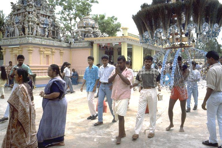 Devotee carrying kavadi during the Panguni Uthiram Festival which takes place on the full moon of the Tamil month of Panguni. The temple along Canberra Road is the Holy Tree Sri Balasubramaniam Indian Temple which has relocated to Yishun Industrial Park A, Yishun Avenue 7.