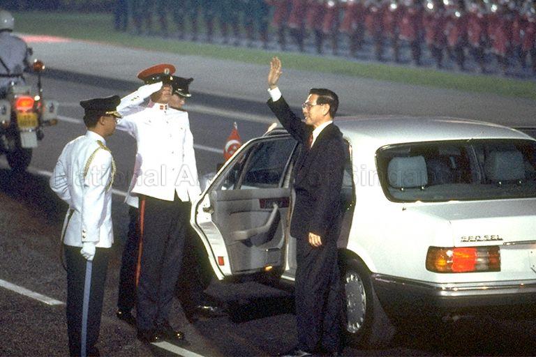 National Day Parade 1995 at the Padang -- President Ong Teng Cheong taking his leave at end of parade