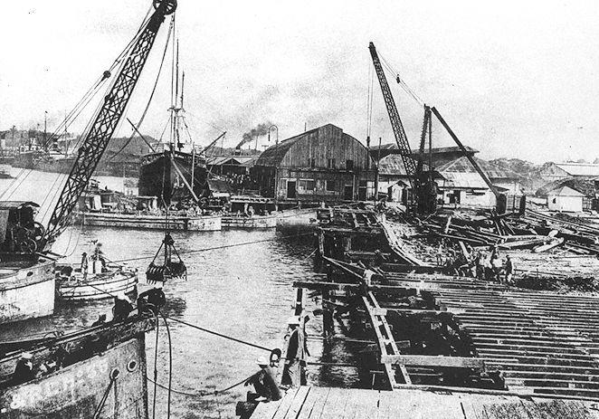Singapore Harbour Board. Picture shows demolition of old main wharf.