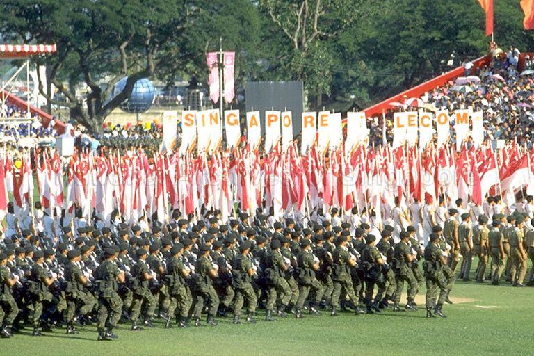 National Day Parade 1990 Rehearsal at the Padang -- Contingents marching