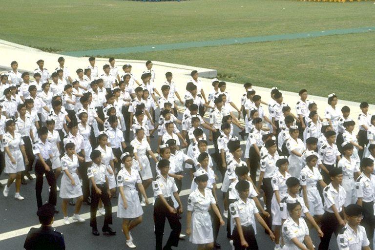 National Day Parade 1990 Rehearsal at the Padang -- St John Ambulance Brigade (SJAB) contingent marching