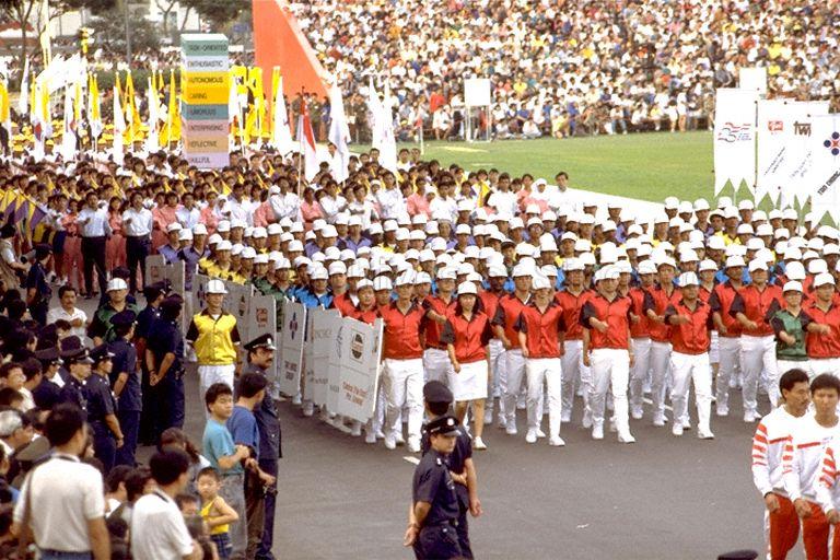 National Day Parade 1990 Rehearsal at the Padang -- Contingents marching