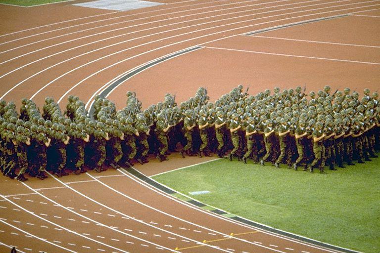 National Day Parade 1992 Preview at National Stadium -- Singapore Armed Forces (SAF) contingent marching onto field