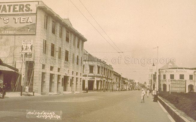 View of Anson Road, Singapore, with Phoenix Building that houses an aerated water factory on the left