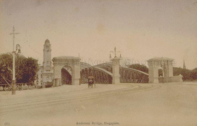 View of Anderson Bridge with the clock tower of Victoria Memorial Hall (left), Singapore