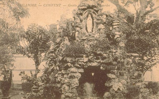 Grotto of Our Lady of Lourdes at Convent of the Holy Infant Jesus (CHIJ). The convent, located at corner of Bras Basah Road and Victoria Street and thus affectionately called "Town Convent", was founded in 1852 by Father Jean Marie Beurel who bought the former private residence of H C Caldwell, built by George Coleman in the 1840s.