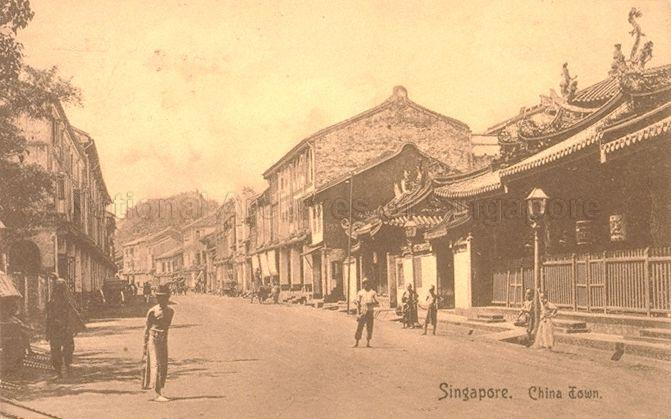 View of Telok Ayer Street, looking towards junction with Amoy Street and McCallum Street. On the right is Thian Hock Keng temple which was built in 1839-1842 with major contributions by well-known Chinese personalities such as Tan Tock Seng and Tan Kim Seng. It was gazetted as national monument on 28 June 1973. The twin spires of Al-Abrar Mosque - also a 19th century monument - are visible in the photo.