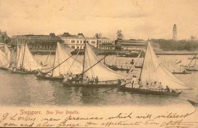  The New Year Regatta, Singapore, featuring Malay "kolek lumba" competing in a pulling race for which the winner received $15 