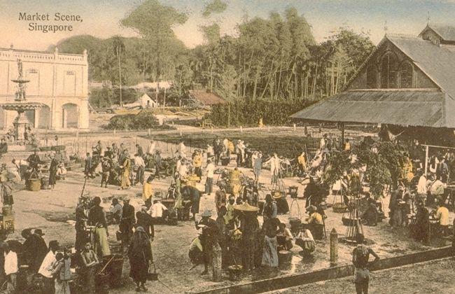 Hawkers at "Koek's Bazaar" at Orchard Road and Cuppage Road before the construction of the brick facade in 1909. On the right stands Orchard Road Market.