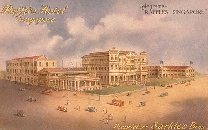 Raffles Hotel at 1 Beach Road, Singapore. The colonial-style hotel was established in 1887 by the Armenian Sarkies brothers.