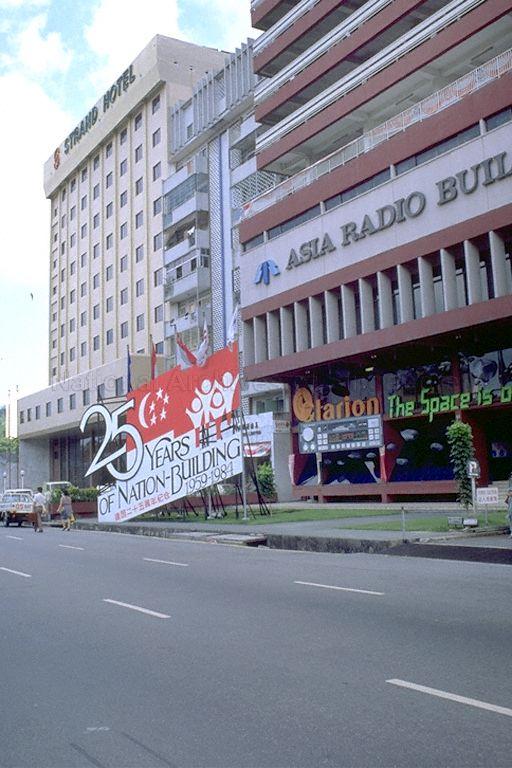 Display outside Asia Radio Building at Bencoolen Street celebrating 25 years of nation building in Singapore