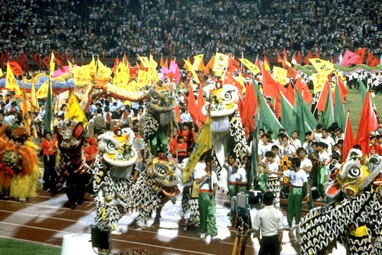 National Day Parade 1980 at National Stadium -- Lion dance performance