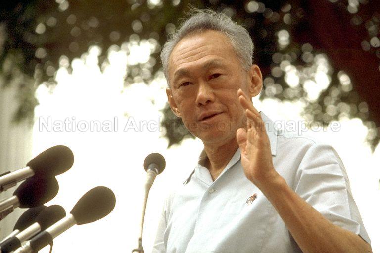Prime Minister Lee Kuan Yew speaking at the General Elections Rally at Fullerton Square.