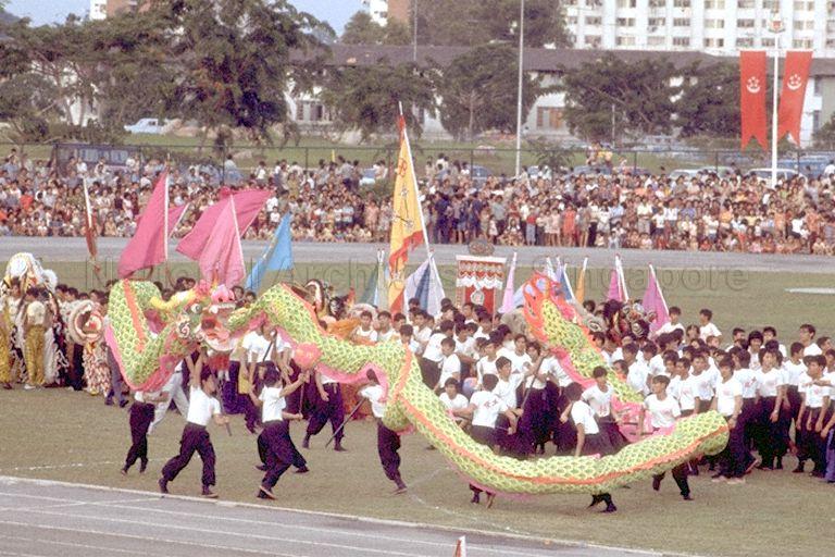 National Day Parade 1977 at Toa Payoh Stadium -- Dragon dance performance