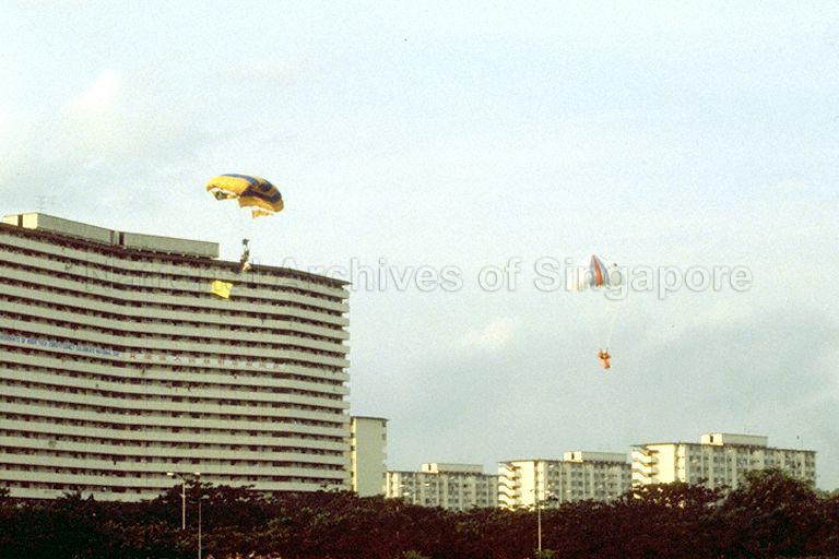 National Day Parade 1981 at Toa Payoh Sports Complex - Parachute performance