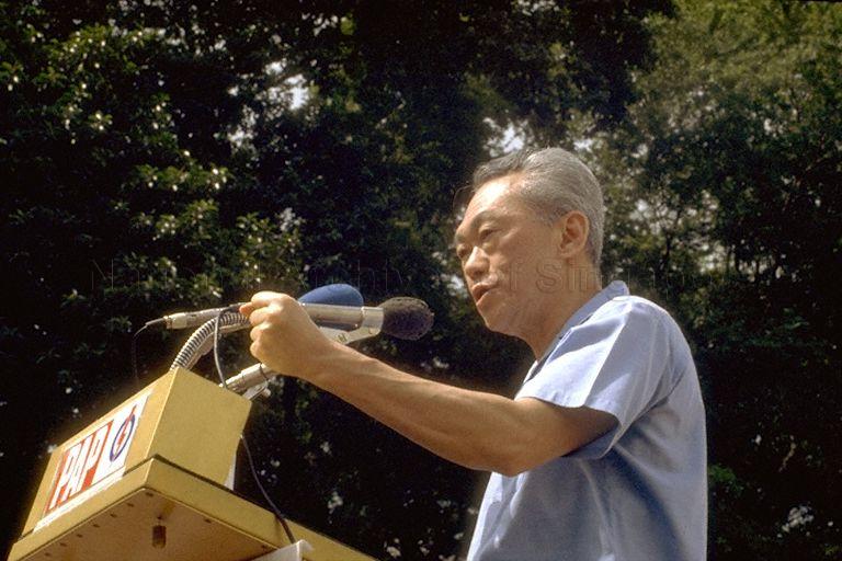 Prime Minister Lee Kuan Yew speaking at Everton Park on what he meant by the restructuring of the Singapore economy during a tour of his Tanjong Pagar constituency.