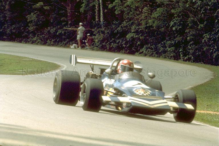 Singapore-born Sonny Rajah in his March 712, which is once owned by Swedish racing driver Ronnie Peterson, at Singapore Grand Prix (GP) for cars at Upper Thomson Road circuit. He finished fourth in the race by completing only 49 laps in 1 hour 44 minutes 58.9 seconds.