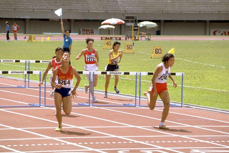 Southeast Asian Games (SEA Games) - Women's 100 metre hurdles final at National Stadium, eventually won by Agripina Dela Cruz from the Philippines (first from left)