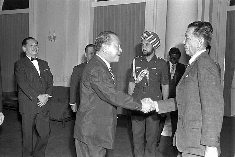 Japanese Prime Minister Kakuei Tanaka, who is in Singapore for a 27-hour visit, calling on President Dr Benjamin Henry Sheares at Istana. 2nd and 4th from left are Ambassador of Singapore to Japan Wee Mon Cheng and Japanese Ambassador Tokichiro Uomoto.