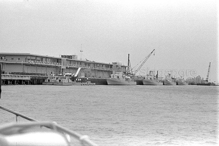 View of Singapore Maritime Command's naval base at Pulau Brani taken from ferry travelling to Pulau Brani from World Trade Centre at Telok Blangah where Prime Minister Lee Kuan Yew will officially open the Singapore Maritime Command's naval base at Pulau Brani