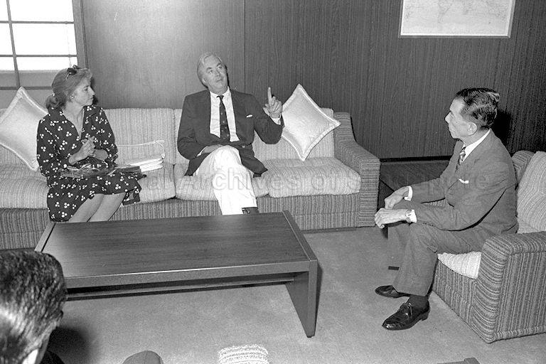United States Ambassador to India Daniel Patrick Moynihan and his wife, Elizabeth Brennan Moynihan, calling on President Dr Benjamin Henry Sheares at Istana