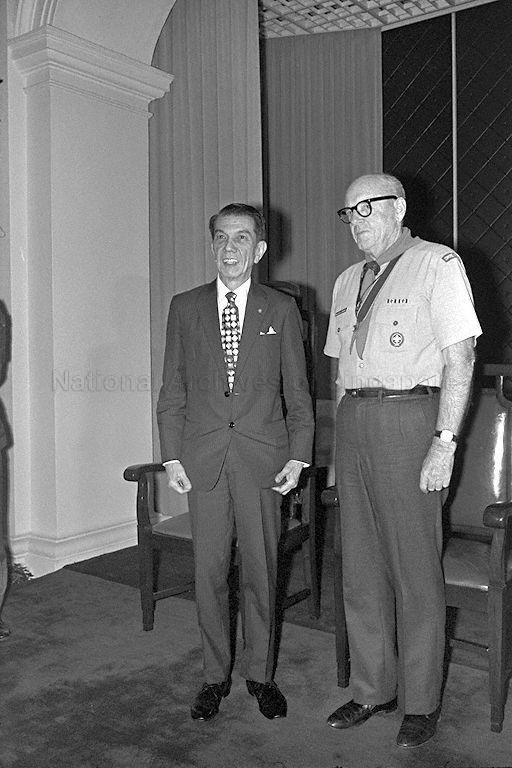 Honorary president of the World Scout Committee, William D Campbell and Patron of World Scout committee, President Dr Benjamin Sheares posing for a photograph after the award ceremony in Istana