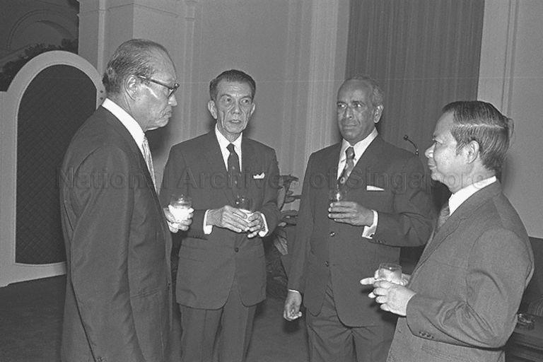President U Ne Win of Burma, who is on a three-day informal visit to Singapore, with President Dr Benjamin Henry Sheares, Minister for Foreign Affairs S Rajaratnam and Minister for Science and Technology Dr Toh Chin Chye at cocktail reception during dinner given in his honour at Istana