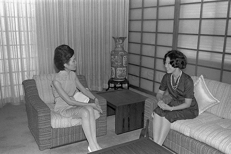 Mrs Benjamin Henry Sheares, wife of President, with Madam Poh Siew Aing, wife of Singapore's Permanent Representative to the United Nations Professor Tommy Koh, at Istana where presentation of letters of credence to Professor Koh is held
