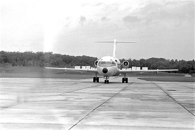 The Indonesian Presidential aircraft, a Fokker Friendship named Pangkalan Brandan after a town in Medan, landing at Singapore Paya Lebar Airport