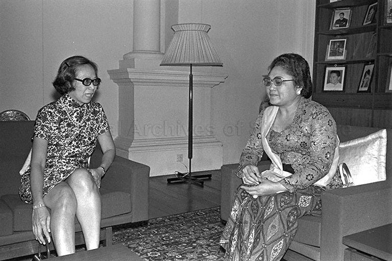 Mrs Tien Suharto, wife of President of Indonesia, with Mrs Lee Kuan Yew at Istana Drawing Room. President Suharto of Indonesia and his wife were on a three-day state visit to Singapore.