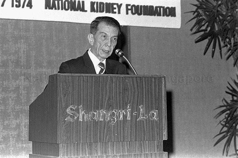 President Dr Benjamin Henry Sheares speaking at National Kidney Foundation dinner held at Shangri-La Hotel in Orange Grove Road