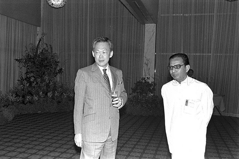 Prime Minister Lee Kuan Yew with Sri Lanka's Ambassador to Indonesia K Shiniya at reception for the 24th Colombo Plan Consultative Committee Meeting at Shangri-La Hotel